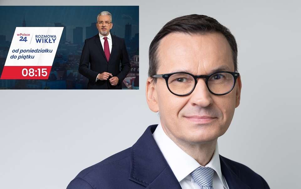 Były premier Mateusz Morawiecki. W miniaturze - plansza z zapowiedzią programu "Rozmowa Wikły" i zdjęciem dziennikarza / autor: Fratria/wPolsce24