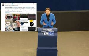 Europoseł KO Łukasz Kohut przemawia w PE. W miniaturze - fragment wpisu red. Szymona Szeredy / autor: Fratria/X: @Szymon_Szereda