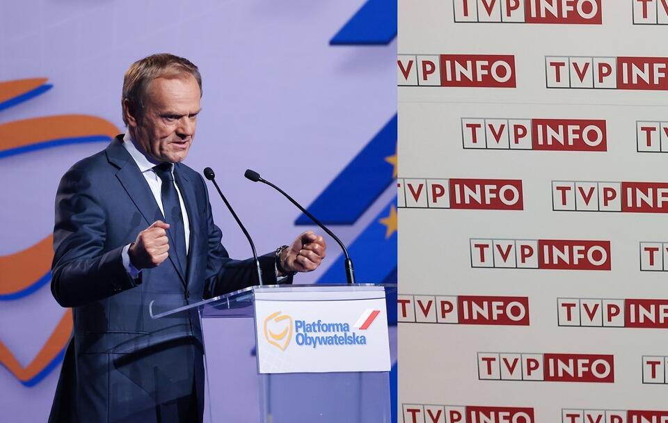 P.o. lidera PO Donald Tusk i logo TVP Info / autor: Fratria