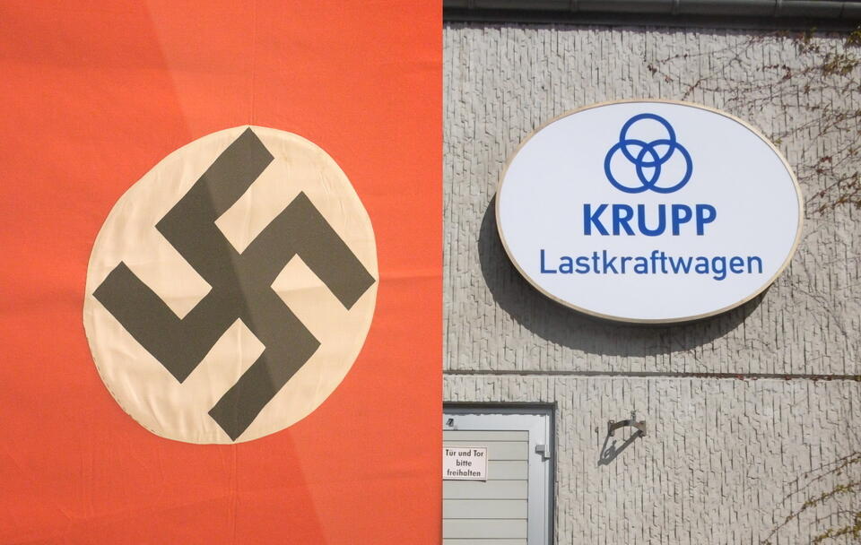 Flaga NSDAP, Logo Kruppa / autor: Fratria/wikimedia.commons: Martin Lindner/https://creativecommons.org/licenses/by-sa/4.0/ 