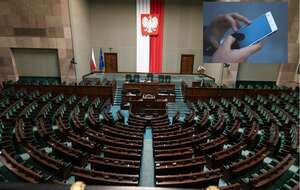 Sala plenarna w Sejmie oraz osoba trzymająca telefon komórkowy / autor: Fratria/pixabay.com