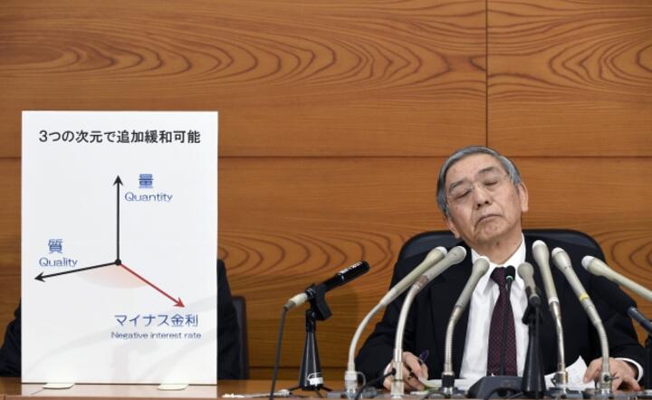Prezes Bank of Japan, Haruhiko Kuroda, na konferencji po posiedzeniu, na którym podjęto decyzję o przyjęciu ujemnej stopy procentowej, fot. PAP/EPA/FRANCK ROBICHON