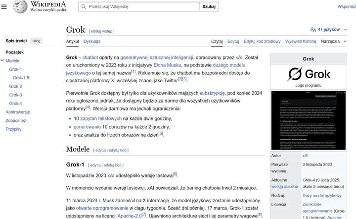 Strona polskiej Wikipedii na temat Groka - sztucznej inteligencji w ramach serwisu X / autor: Wikipedia - screen