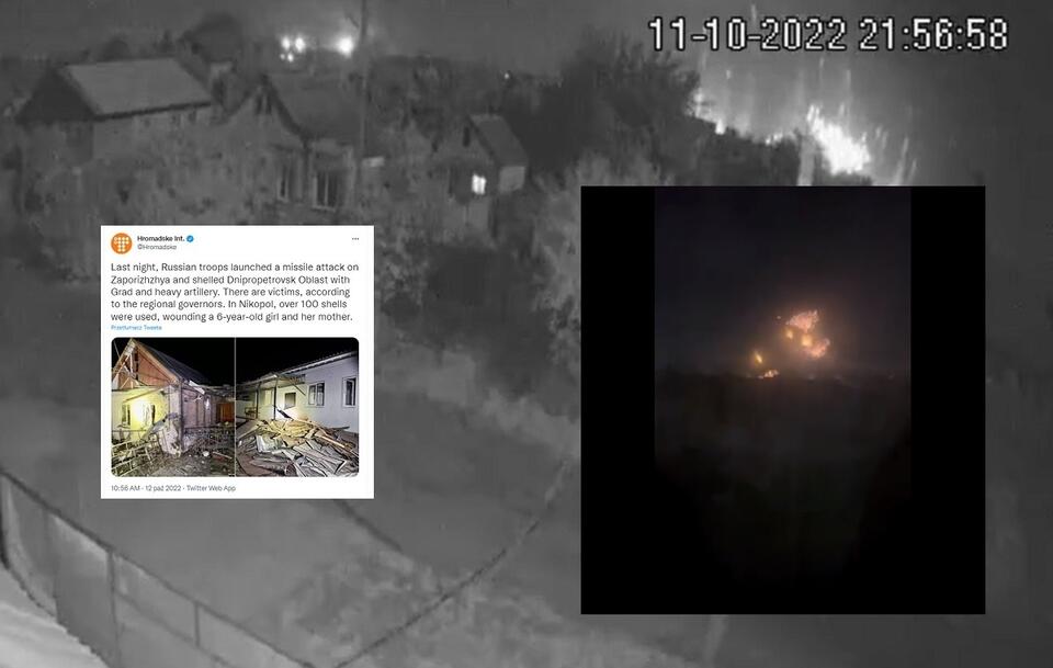 Nocny ostrzał Nikopolu / autor: Telegram/@Yevtushenko_E, Twitter/@Hromadske, @Kolodziejski_