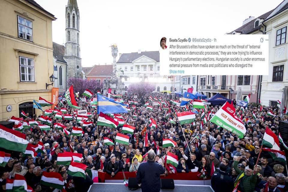 Na zdjęciu Viktor Orban przemawia podczas wiecu wyborczego w Sopron na Węgrzech oraz wpis Beaty Szydło (screen z X) / autor: PAP/EPA/X-Beata Szydło (screen)