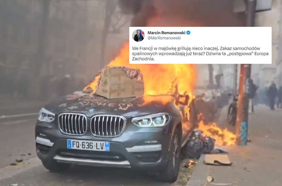 Auto płonące we Francji po zamieszkach w trakcie pochodów pierwszomajowych / autor: Twitter/Marcin Romanowski