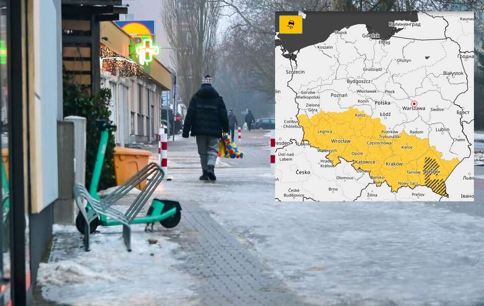 Zdjęcie ilustracyjne; Oblodzony chodnik; Mapa IMGW / autor: PAP/Marcin Bielecki/IMGW