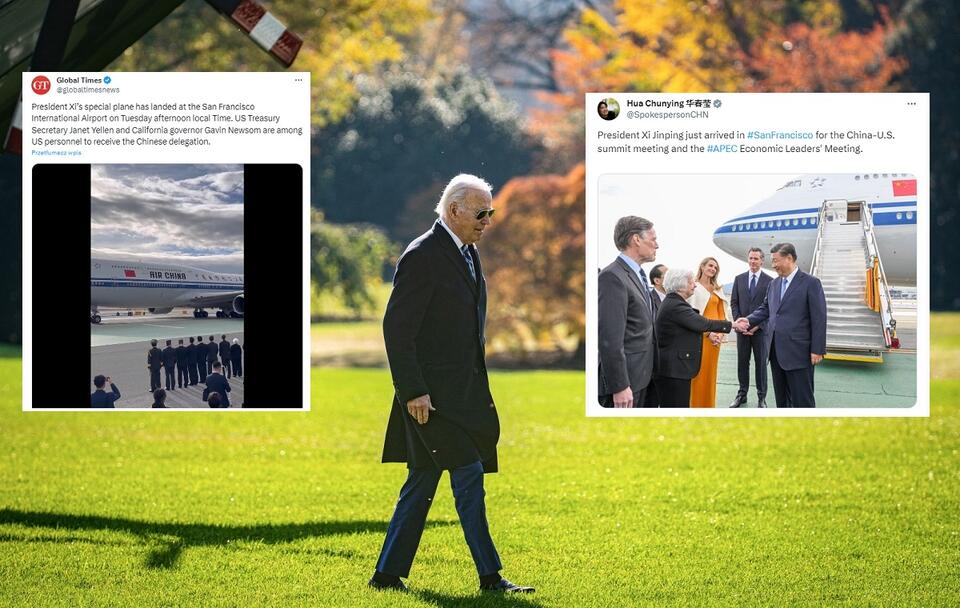 Na zdj. prezydent USA Joe Biden wyrusza na szczyt APEC w San Francisco; na miniaturach przylot Xi Jinpinga do USA / autor: PAP/EPA/AL DRAGO / POOL; X (d.Twitter)