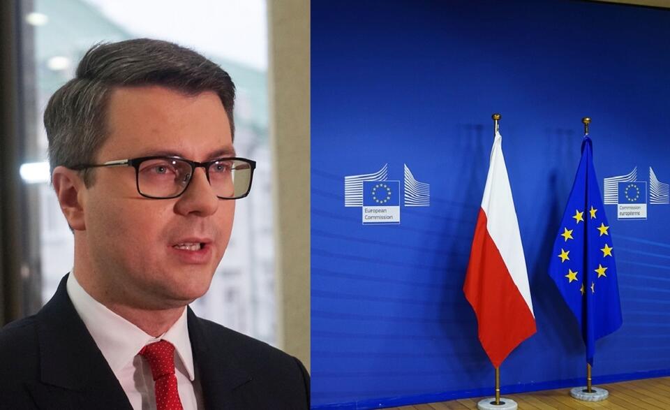 Rzecznik rządu Piotr Muller/Flagi Polski i UE w siedzibie KE / autor: Fratria