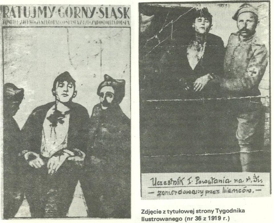 Z lewej plakat J. Świerczyńskiego, z prawej zdjęcie z "Tygodnika Ilustrowanego". Oba przedstawiają powstańca śląskiego Ignacego Haasego zakatowanego w 1919 roku przez Niemców. Reprodukcja ilustracji za magazynem "Mówią Wieku" z 1985 roku.