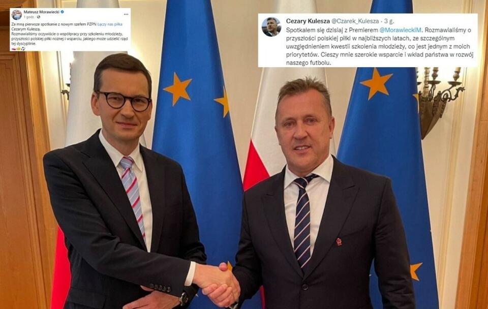 Premier Mateusz Morawiecki oraz nowy prezes PZPN Cezary Kulesza  / autor: Facebook/Mateusz Morawiecki; Twitter/Cezary Kulesza (screenshot)