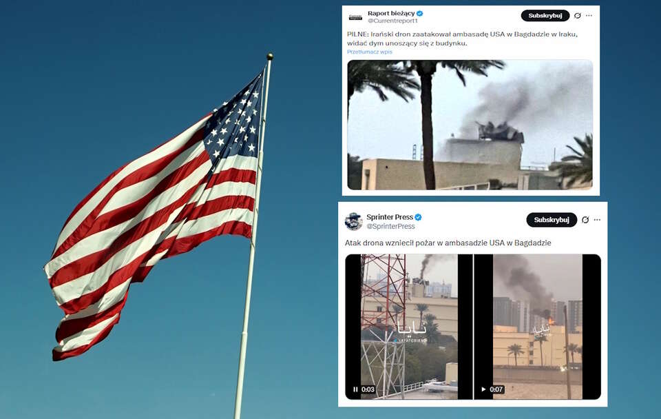 Irański dron zaatakował ambasadę USA w Bagdadzie w Iraku, widać dym unoszący się z budynku. / autor: Fratria/X