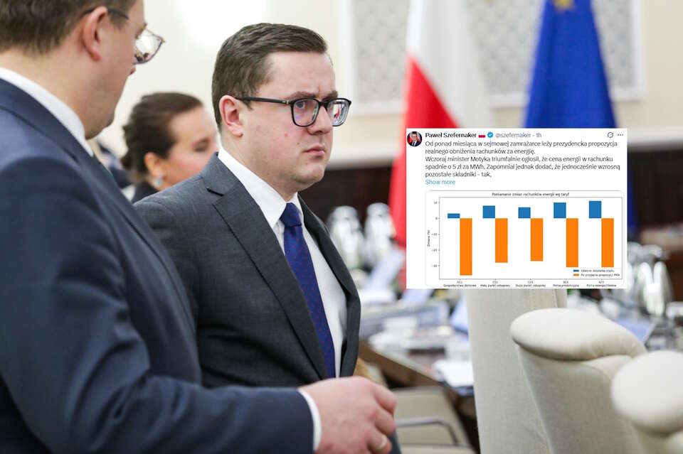 Prezydencki projekt ws. mrożenia cen energii czeka od ponad w Sejmie. Na zdjęciu minister energii Miłosz Motyka (PSL) i wpis ministra Pawła Szefernakera (screen z X) / autor: PAP/Tomasz Gzell/X-Paweł Szefernaker (screen z X)