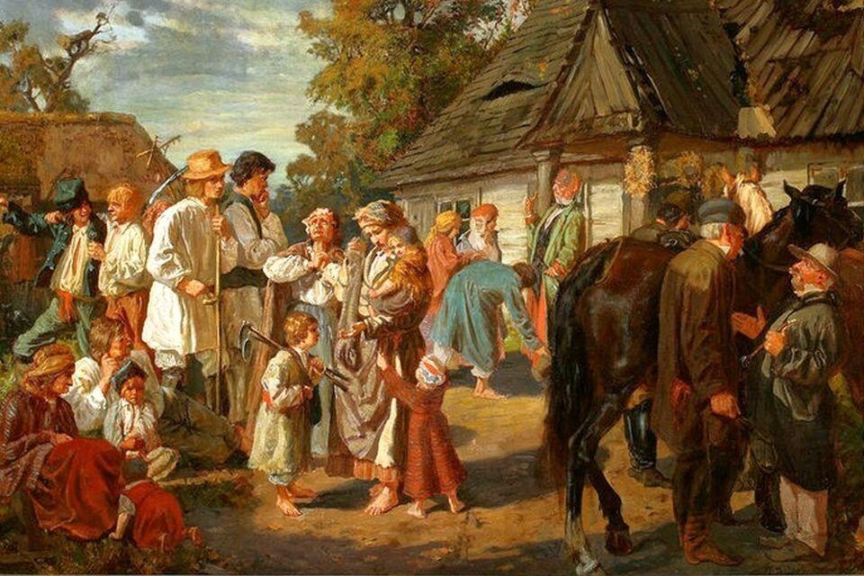 Obraz Józefa Chełmońskiego - "Wypłata robocizny (Sobota na folwarku)." / autor: cyfrowe.mnw.art.pl