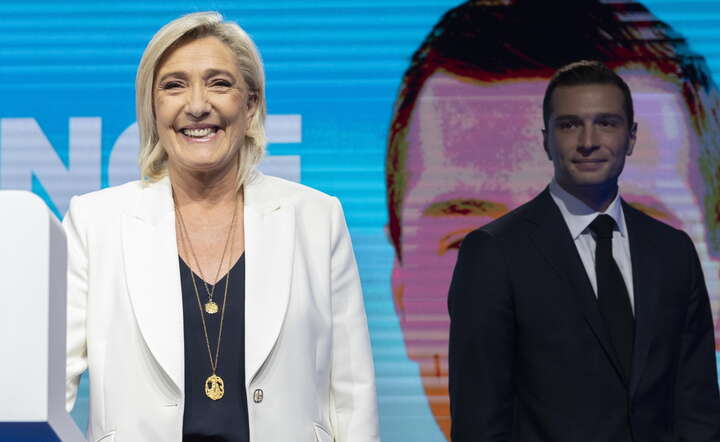 Marine Le Pen (L) i szef Zjednoczenia Narodowego Jordan Bardella / autor: PAP/EPA/ANDRE PAIN