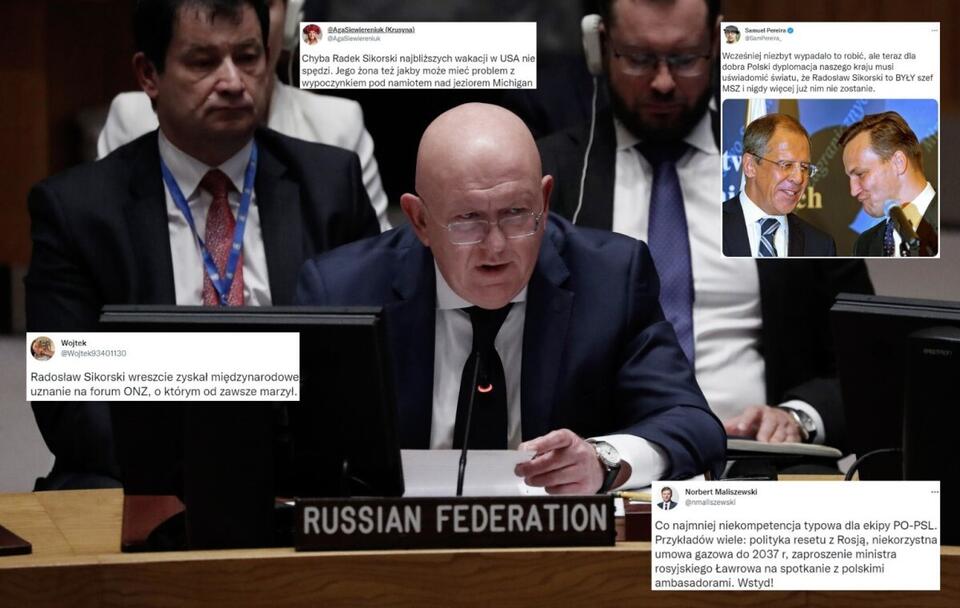 Ambasador Rosji w ONZ Wasilij Nebenzia; Wpisy z Twittera / autor: PAP/EPA/Peter Foley; Twitter (screeny)