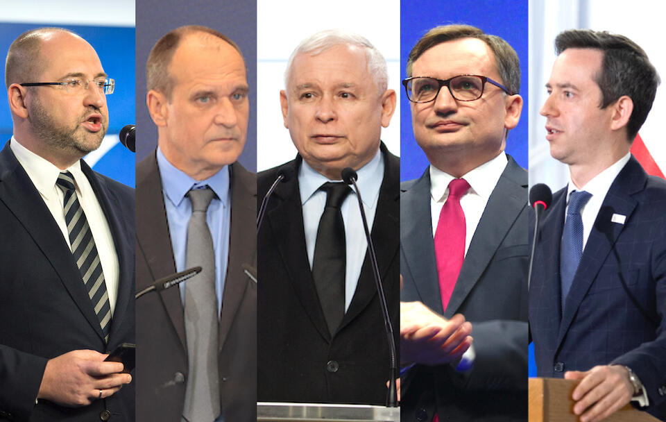 Od lewej: Adam Bielan, Paweł Kukiz, Jarosław Kaczyński, Zbigniew Ziobro, Marcin Ociepa. / autor: Andrzej Wiktor/Fratria