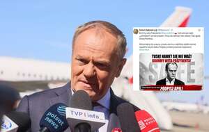 Donald Tusk podczas konferencji prasowej przed wylotem z Warszawy do Armenii oraz wpis Roberta Bąkiewicza (screen z X) / autor: PAP/Leszek Szymański/X-Robert Bąkiewicz (screen)