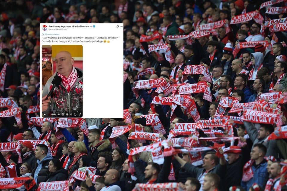 Na zdjęciu kibice podczas meczu Polska-Albania oraz wpis Pana Cezarego Krysztopy (screen z X) / autor: PAP/Szymon Pulcyn/X-Pan Cezary Krysztopa (screen)