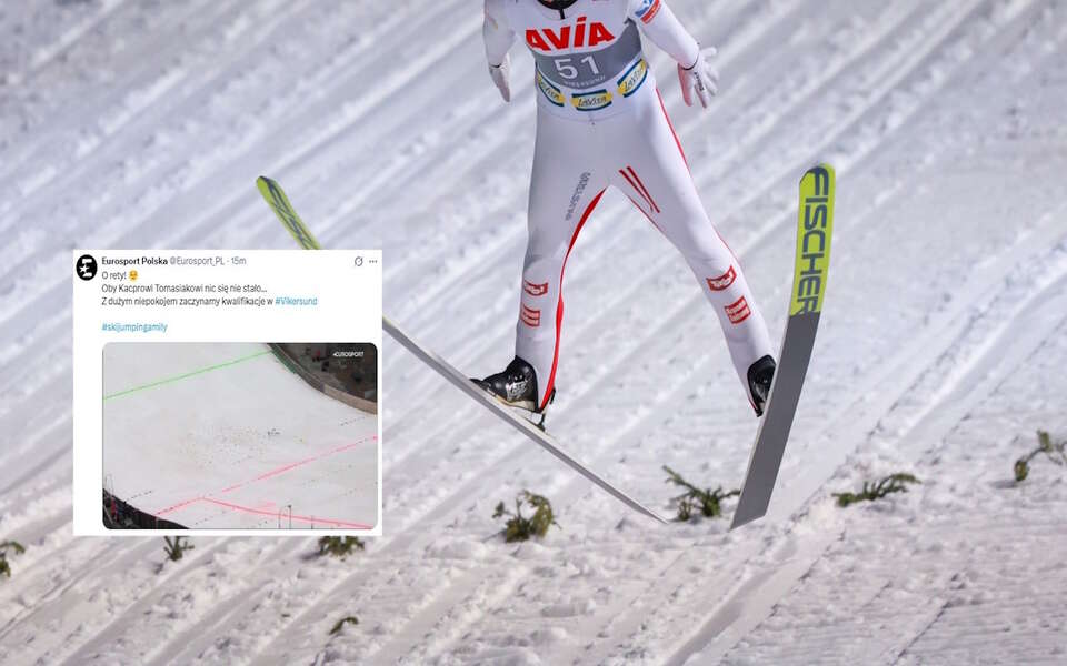 Na zdjęciu skoczek narciarski podczas lądowania na skoczni mamuciej w Vikersund oraz wpis Eurosportu (screen z X) / autor: PAP/EPA-XEurosport (screen)