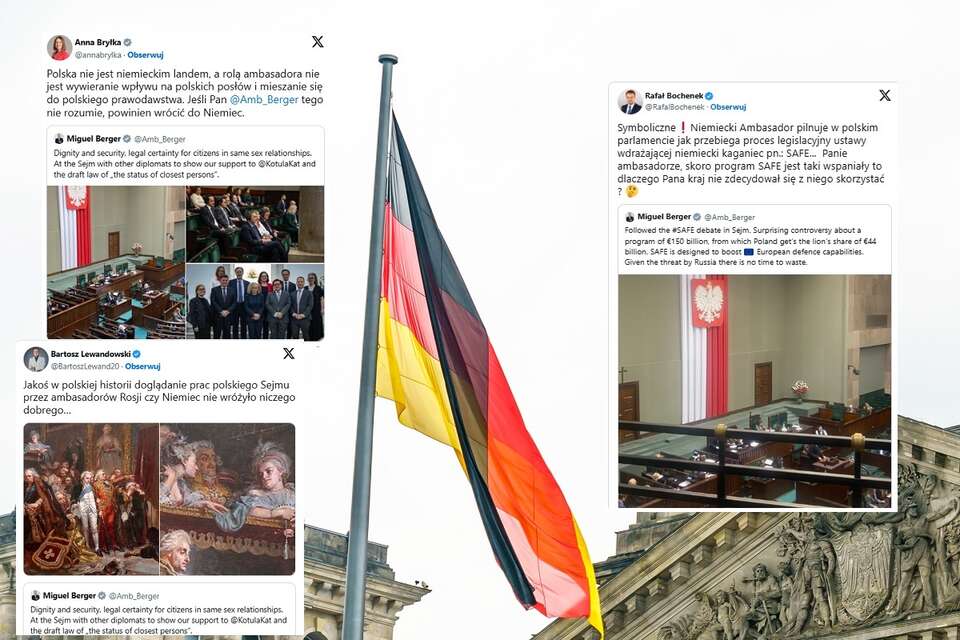 w tle zdj. ilustracyjne - flaga Niemiec, w miniaturach wpisy z serwisu X nt. ambasadora RFN / autor: Fratria/X