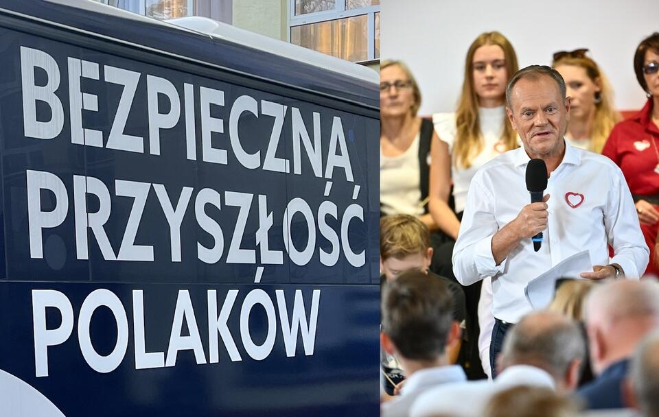 Hasło PiS 'Bezpieczna przyszłość Polaków'; lider PO Donald Tusk / autor: Fratria; PAP/Przemysław Piątkowski 