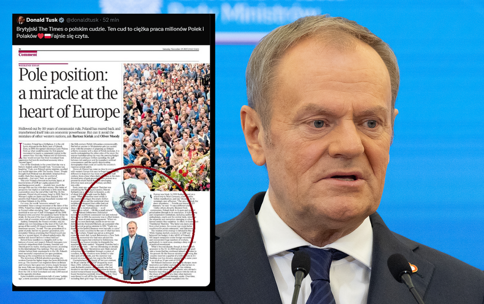 Z artykułu "The Times" można wnioskować, że Donald Tusk odpowiada za wszystko co dobre w Polsce, nawet za "Wiedźmina". / autor: Fratria