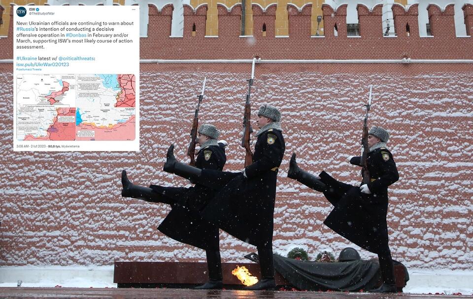 Na zdjęciu rosyjska gwardia honorowa przed murami Kremla / autor: Fratria; Twitter/ISW