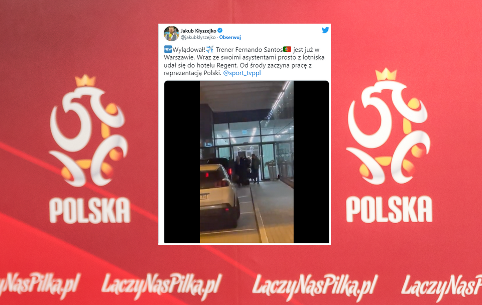 W tle logo PZPN; w miniaturze nagranie przylotu nowego trenera do Warszawy / autor: Fratria; Twitter/jakubklyszejko