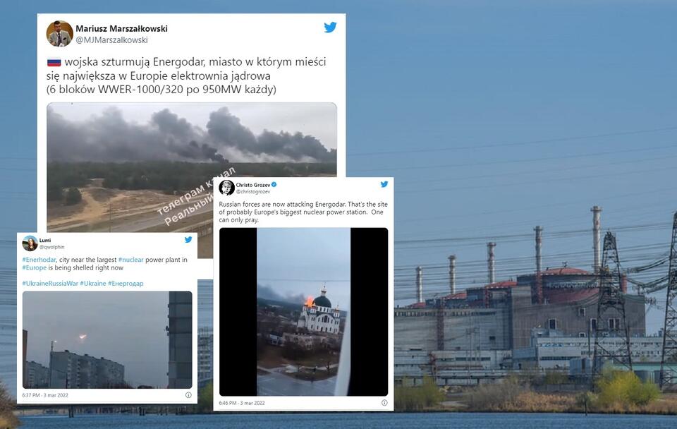 w tle - Zaporoska Elektrownia Atomowa / autor: Facebook/Запорізька атомна електростанція; Twitter
