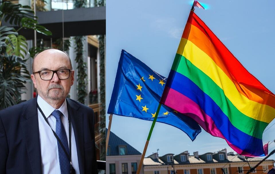 Prof. Ryszard Legutko/Flagi UE i LGBT / autor: Fratria