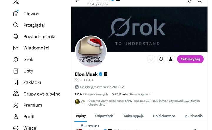 Strona główna konta Elona Muska na X - platformie, której jest właścicielem / autor: X @elonmusk - screen