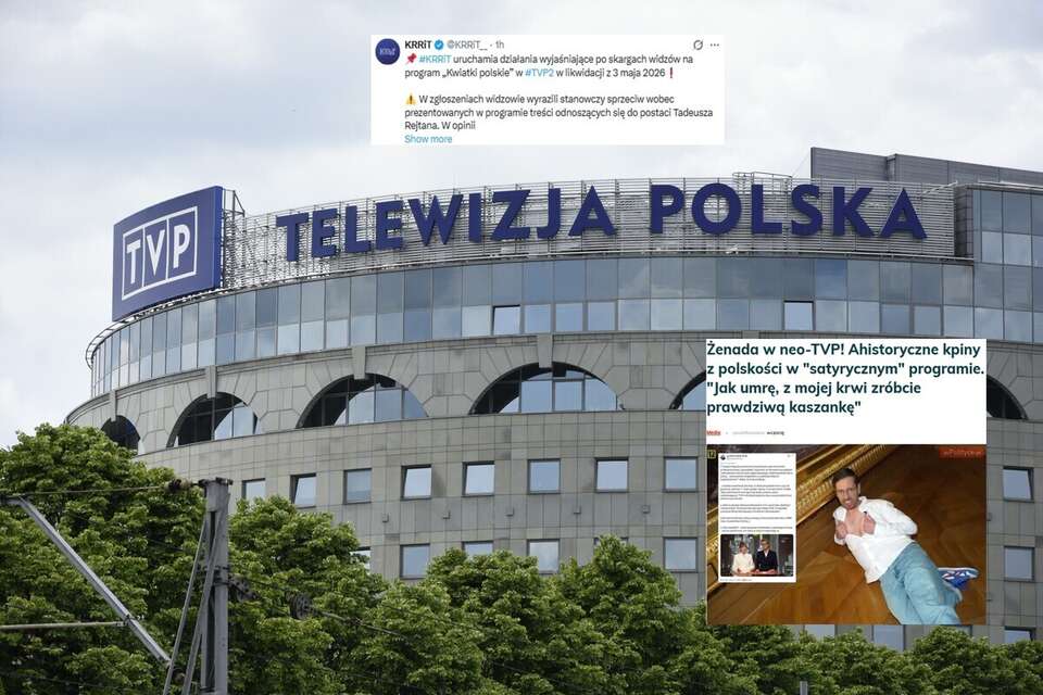 Budynek TVP w likwidacji na Woronicza w Warszawie, artykuł portalu wPolityce.pl oraz wpis KRRiT (screen z X) / autor: Fratria/wPolityce/X-KRRiT