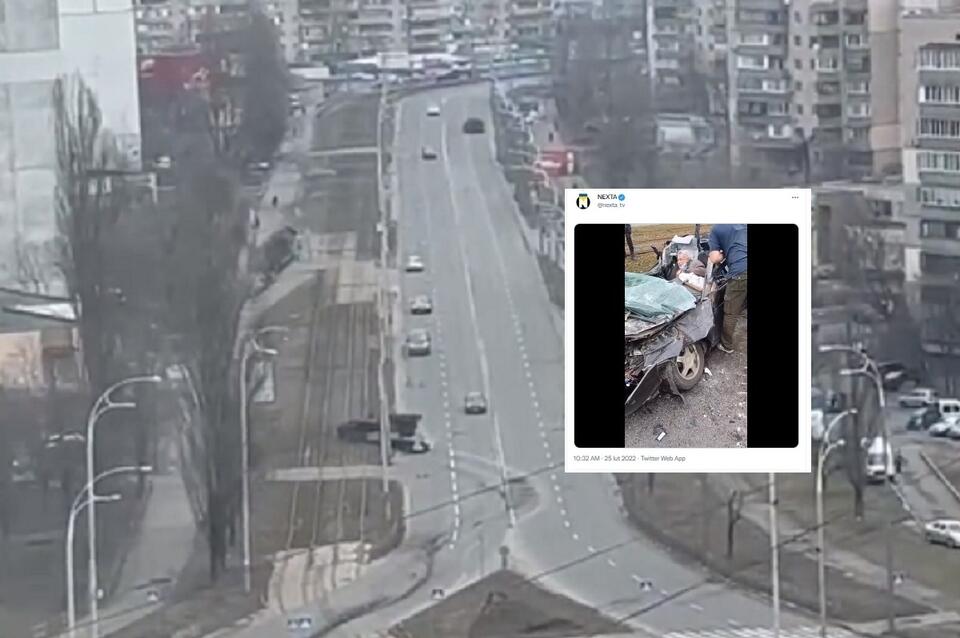 Rosyjski czołg przejechał po cywilnym samochodzie / autor: Screenshot Twitter/@nexta_tv