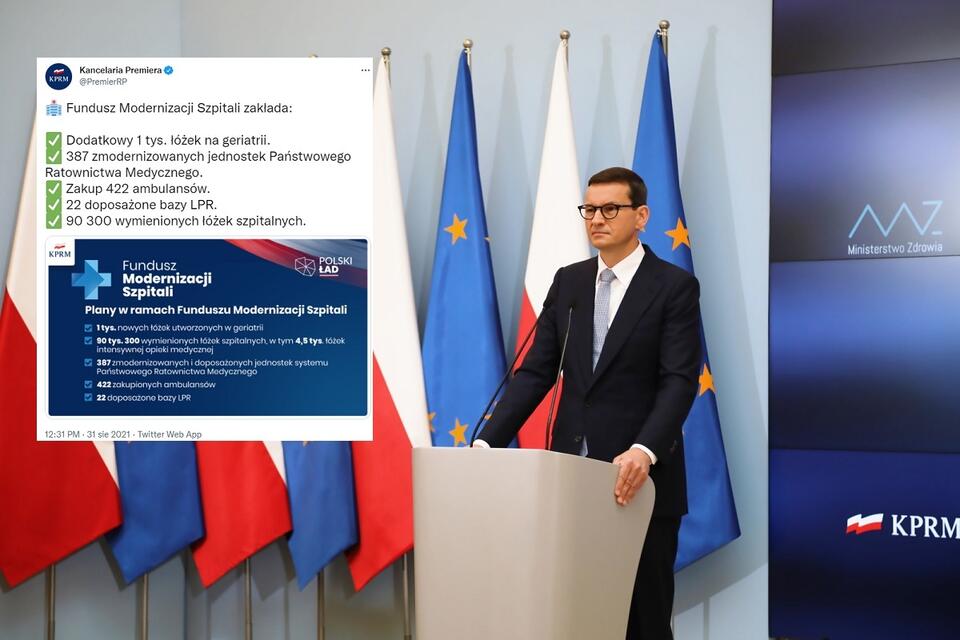 Premier Mateusz Morawiecki podczas konferencji prasowej / autor: PAP/Wojciech Olkuśnik; Twitter/KPRM