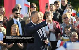 Prezydent Karol Nawrocki podczas spotkania z mieszkańcami w miejscowości Bielany-Jarosławy oraz wpis Karoliny Gałeckiej (screen z X) / autor: PAP/Przemysław  Piątkowski/X-Karolina Gałecka (screen)