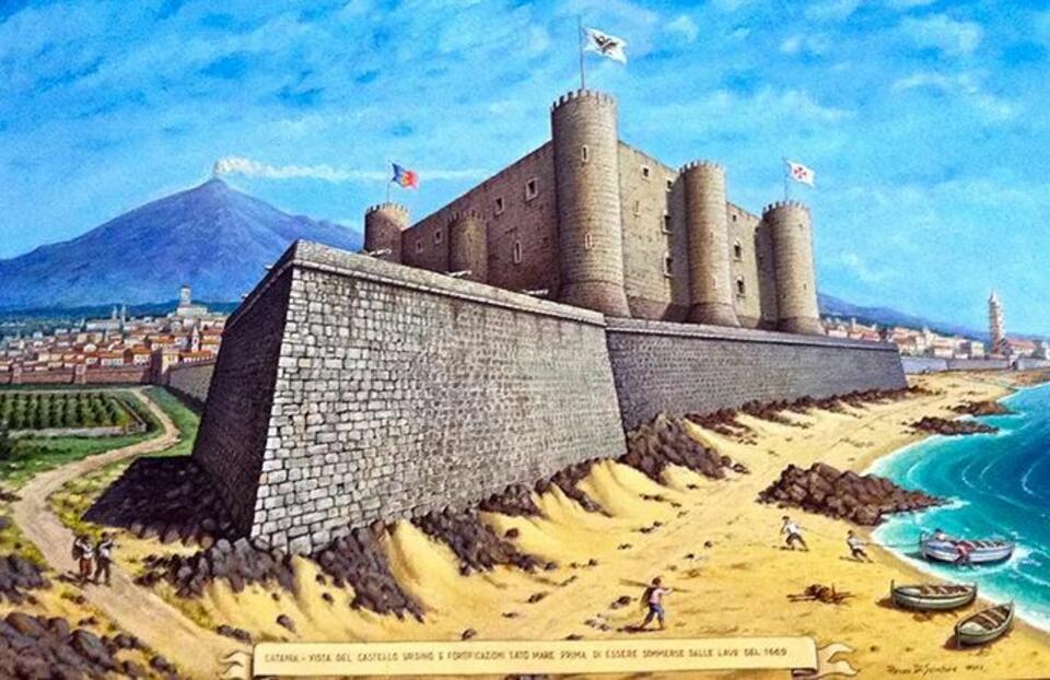 Zamek Ursino przed erupcja Etny w 1669 r