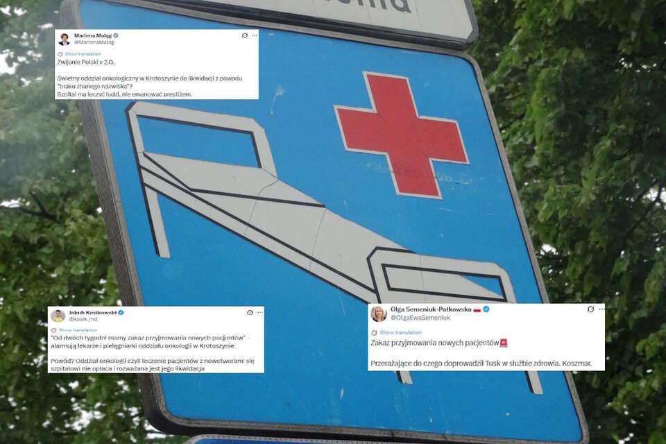 Na zdjęciu znak informujący o szpitalu w pobliżu oraz wpisy z portalu X (screeny) / autor: Fratria/X