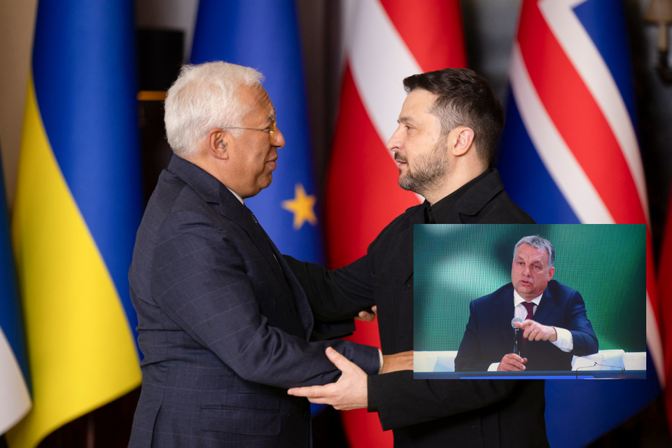 Viktor Orban (w miniaturze) nie godzi się na żądania Antoniego Costy i Wołodymyra Zełenskiego (obaj na zdjęciu głównym) / autor: PAP/EPA/Fratria