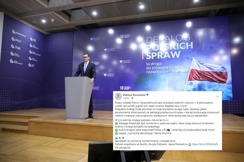 Premier Mateusz Morawiecki podczas konferencji prasowej w GPW w Warszawie  / autor: PAP/Albert Zawada; Facebook/Mateusz Morawiecki
