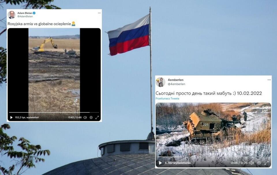 A to dobre! Rosyjskie czołgi nie radzą sobie z błotem / autor: Fratria; Twitter (screeny)