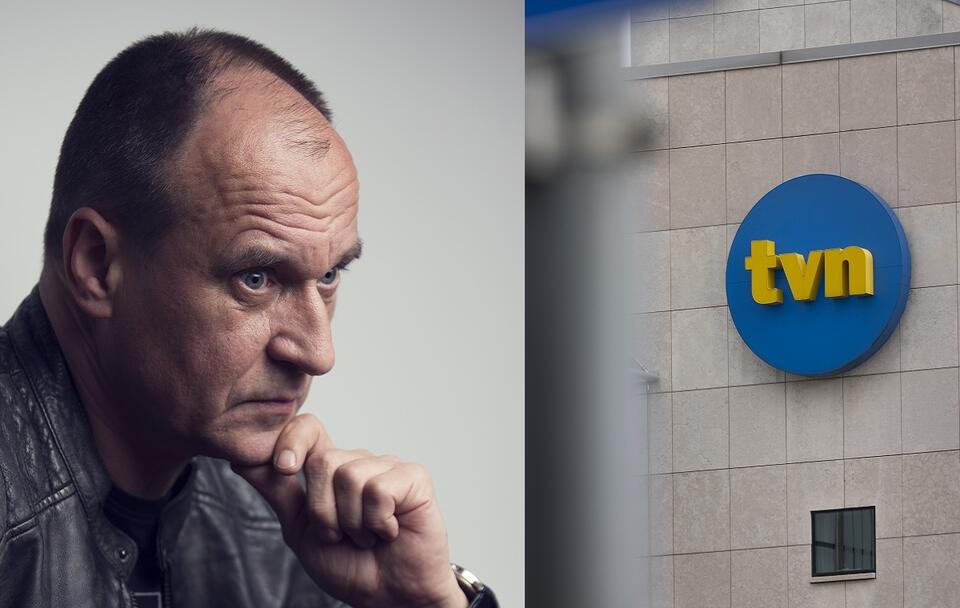 Paweł Kukiz i logo stacji TVN na budynku siedziby telewizji / autor: Fratria