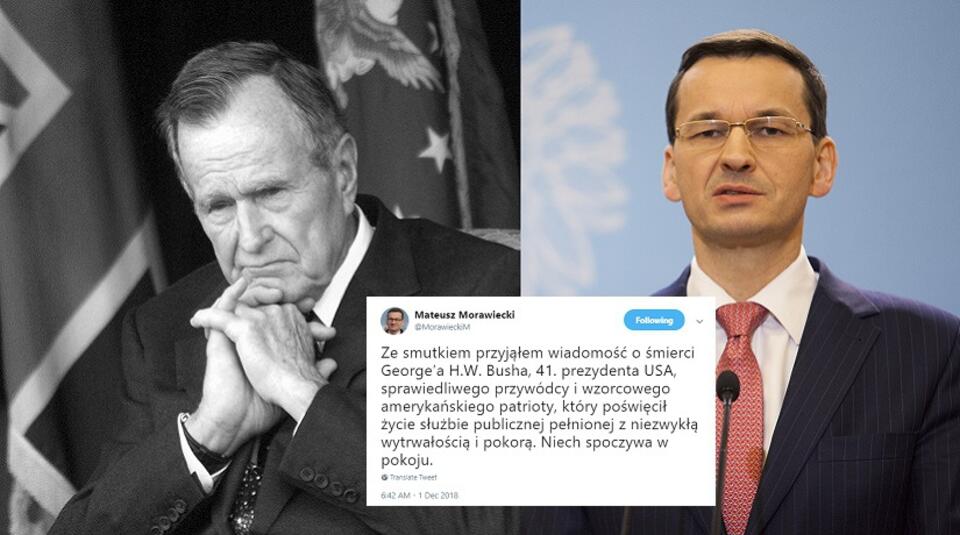 Śp. George H.W. Bush; Premier Mateusz Morawiecki / autor: PAP/EPA/MAX NASH/POOl; Twitter; Fratria