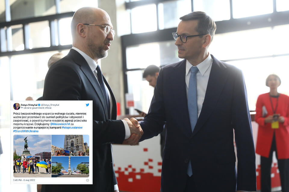 Premierzy Polski Mateusz Morawiecki (P) i Ukrainy Denys Szmyhal (L). / autor: PAP/Rafał Guz/TWITTER