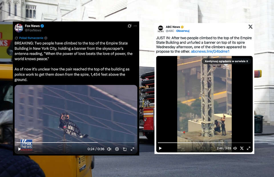 Dwie osoby wspięły się na szczyt Empire State Building w Nowym Jorku i rozwiesiły tam transparent o wydźwięku pacyfistycznym - wynika z relacji telewizji Fox News. / autor: Fratria/X