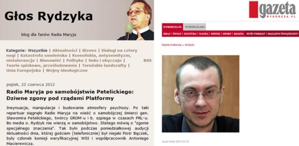 Zrzut ekranowy z bloga "Głos Rydzyka" i jego autor - dziennikarz "Gazety Wyborczej". Fot. wPolityce.pl / Głos Rydzyka / wyborcza.pl