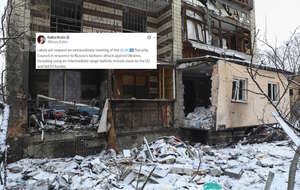 Rosyjskie naloty w pobliżu UE i NATO - ludzie Putina mieli użyć oriesznika. Łotwa wzywa do zwołania posiedzenia ONZ. Na zdjęciu zniszczony budynek na Ukrainie oraz wpis szefowej MSZ Łotwy Baiba Braže (screen z X) / autor: PAP/EPA/X-Baiba Braže (screen)