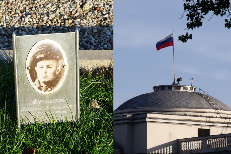 Zdjęcie z Cmentarza Żołnierzy Radzieckich i flaga na budynku ambasady Rosji w Warszawie. / autor: Fratria