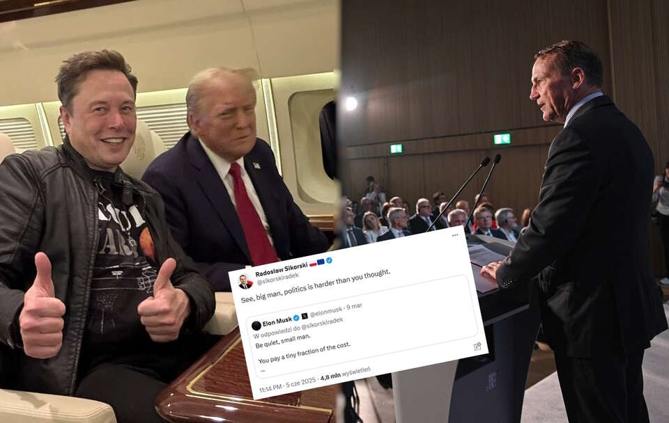 Elon Musk i Donald Trump (wówczas prezydentem elektem, zdjęcie z 2024 r.); Radosław Sikorski / autor: wikimedia commons/Office of Speaker Mike Johnson - X.com/domena publiczna, 	PAP/Marcin Obara, X/ Radosław Sikorski