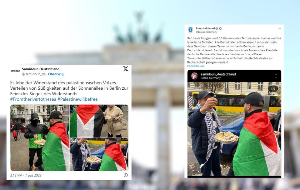 Na screenach - mężczyźni z palestyńskimi flagami rozdają słodycze w Berlinie, aby uczcić atak na Izrael / autor: Fratria; Twitter(X)/Samidoun Deutschland/Botschaft Israel